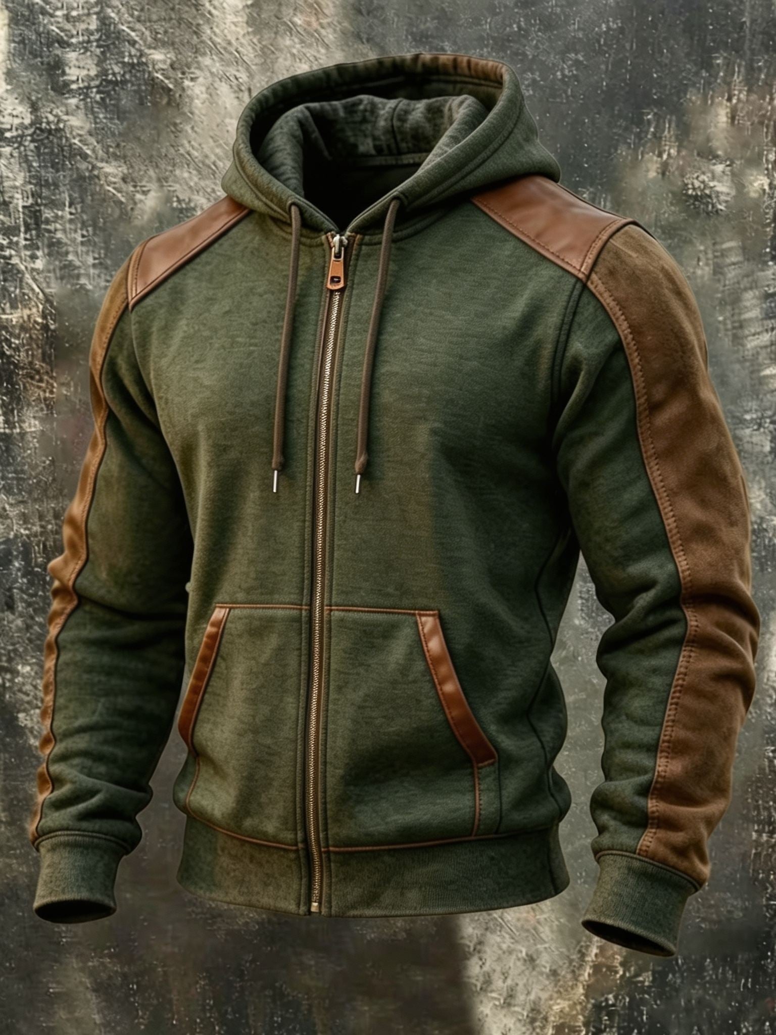 Mateo | Men's Hoodie Full Zip with Faux Leather Patchwork Detail