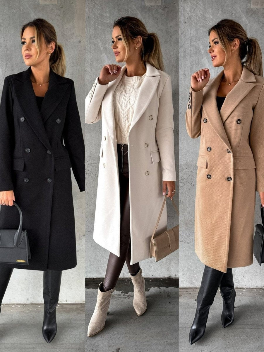 Emilia | Women's Long Wool Blend Coat Double Breasted Structured Lapel
