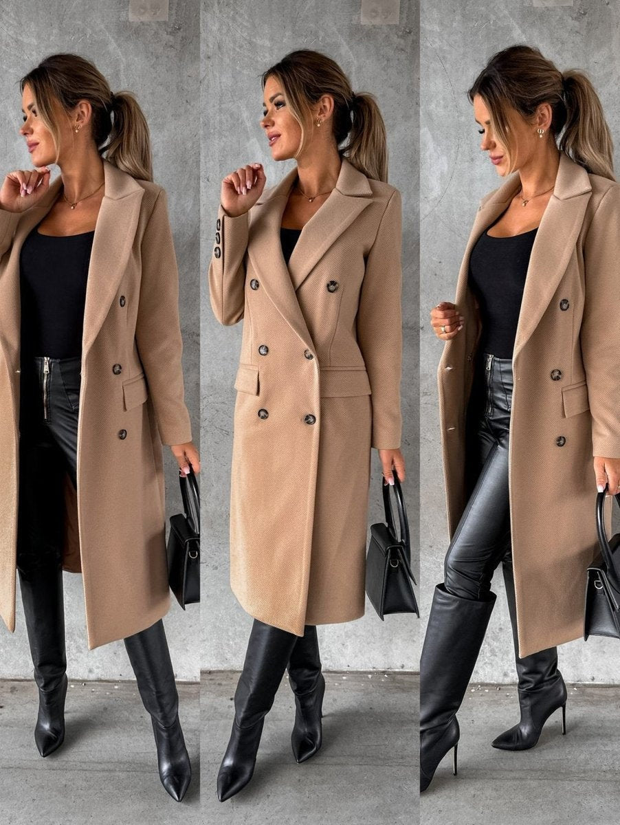 Emilia | Women's Long Wool Blend Coat Double Breasted Structured Lapel