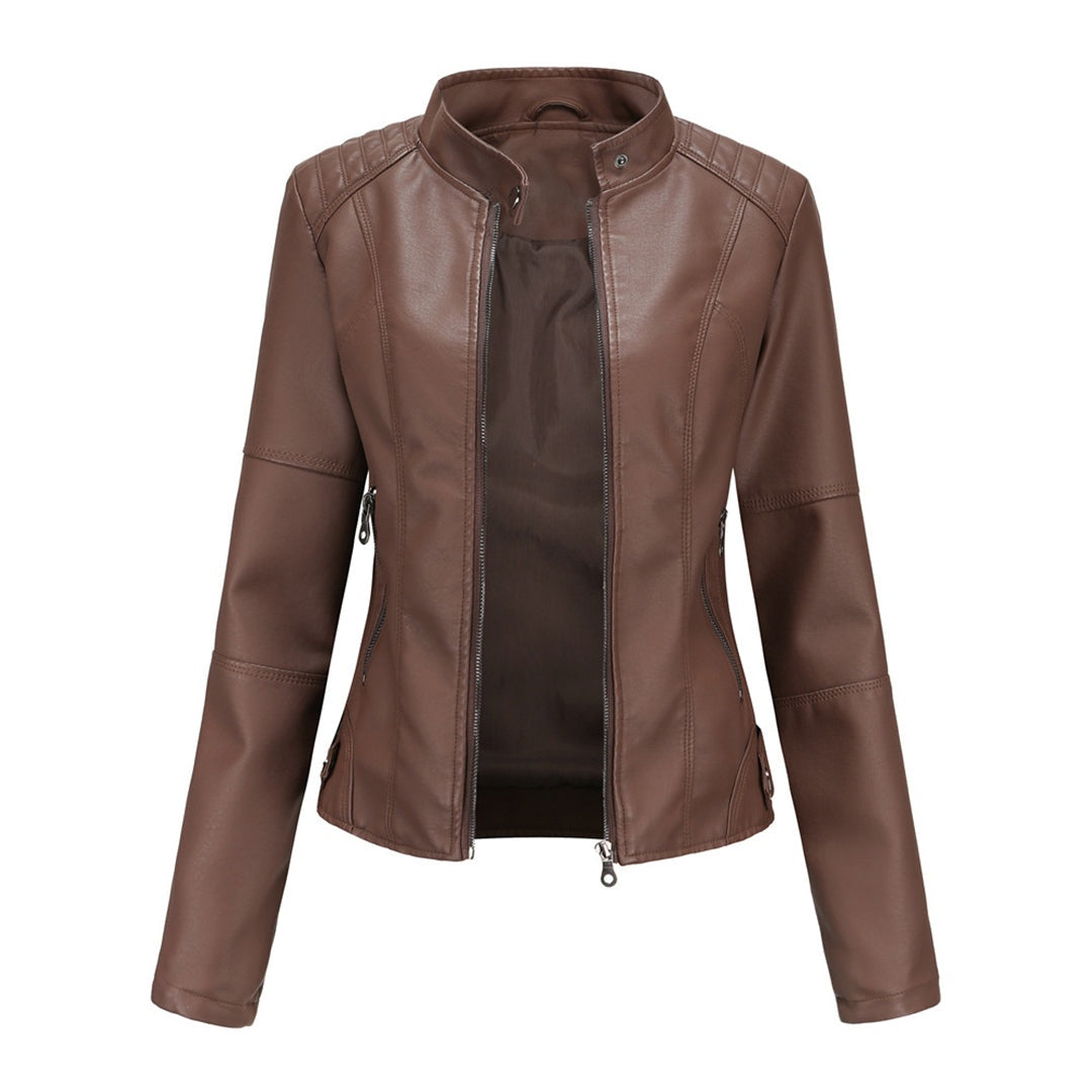 Eva | Women's Faux Leather Moto Jacket Mandarin Collar Zip