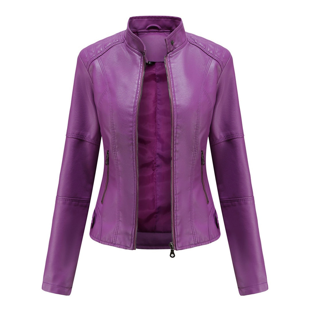 Eva | Women's Faux Leather Moto Jacket Mandarin Collar Zip