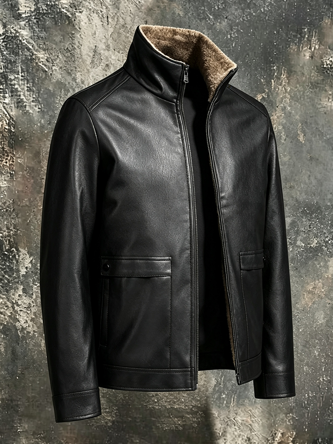 Oliver | Men's Leather Jacket with Sherpa Collar and Flap Pockets