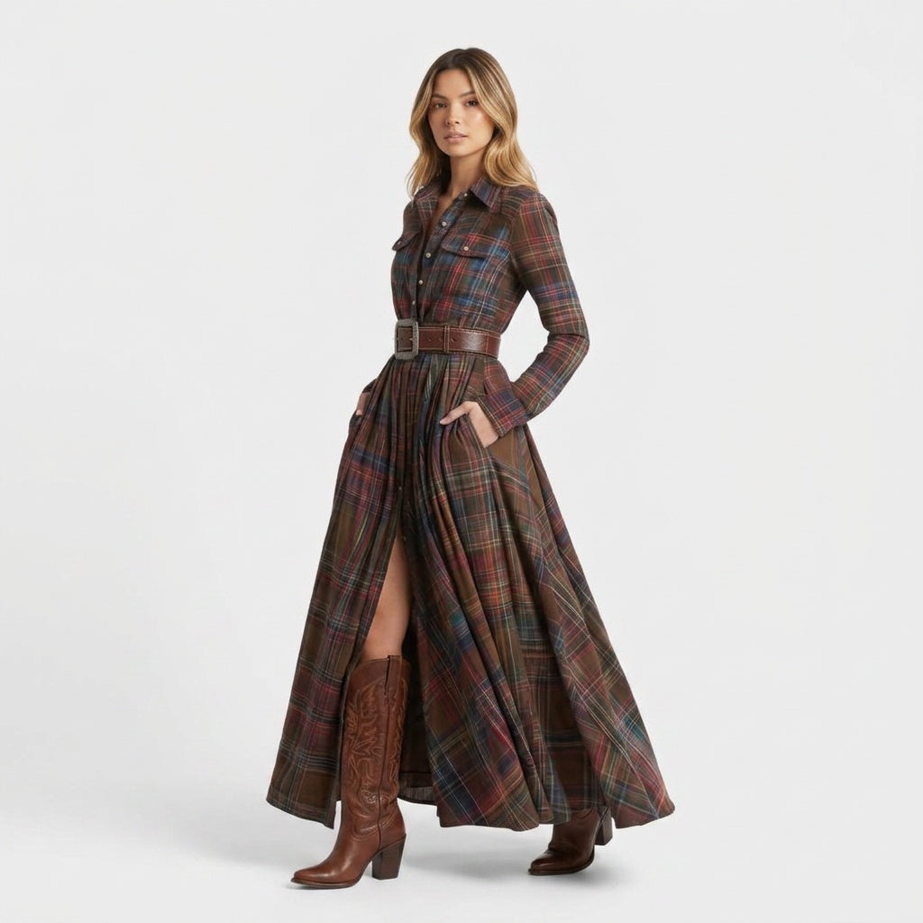 Riley | Women's Long Sleeve Plaid Dress Maxi Winter Wedding Guest
