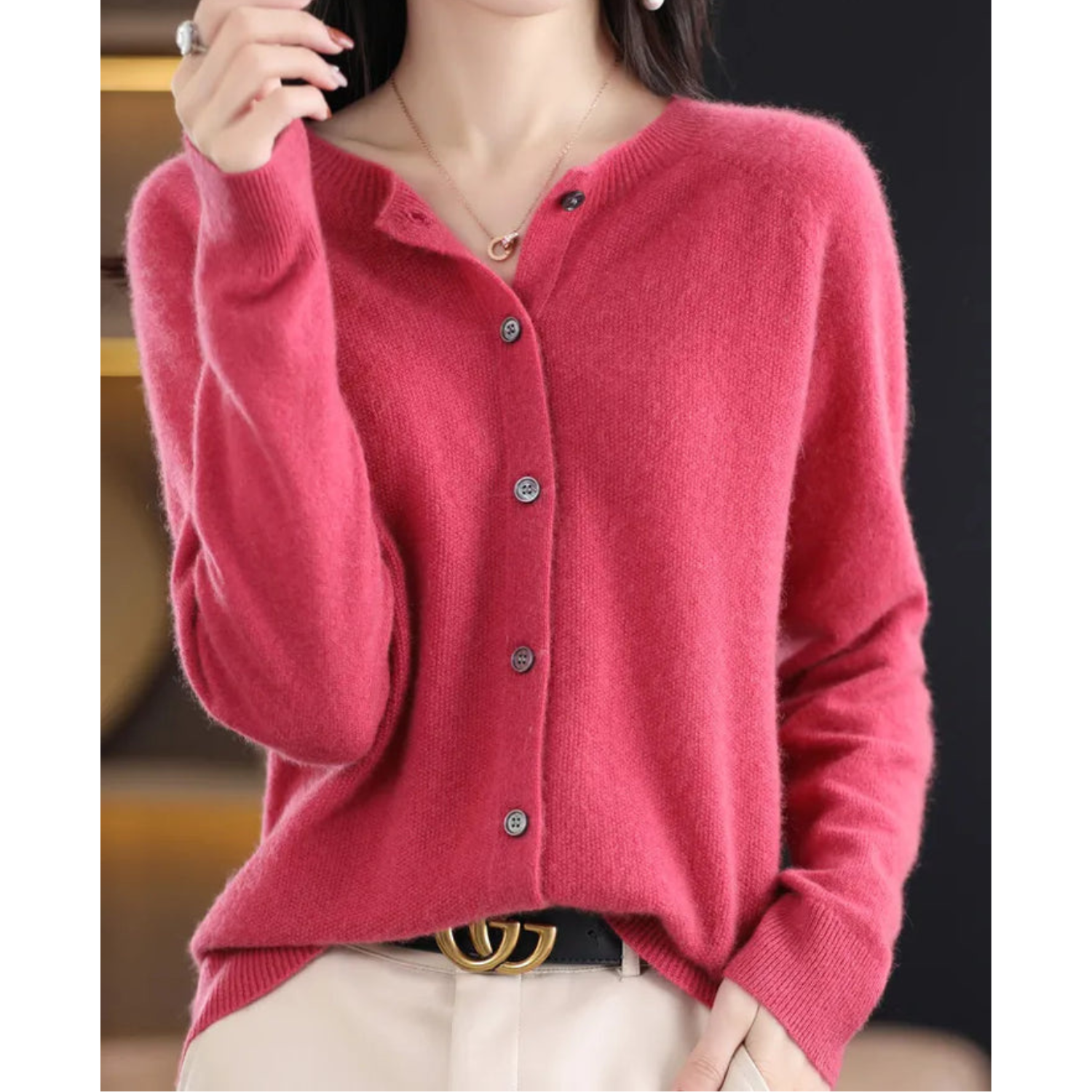 Penelope | Women's Fuzzy Merino Wool Cardigan Round Neck Button Front