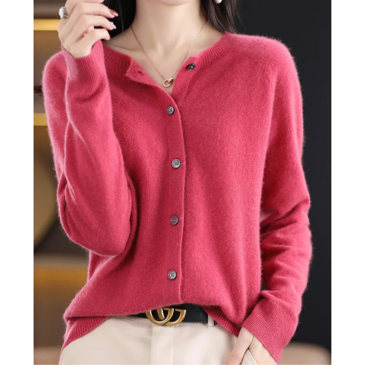 Penelope | Women's Fuzzy Merino Wool Cardigan Round Neck Button Front