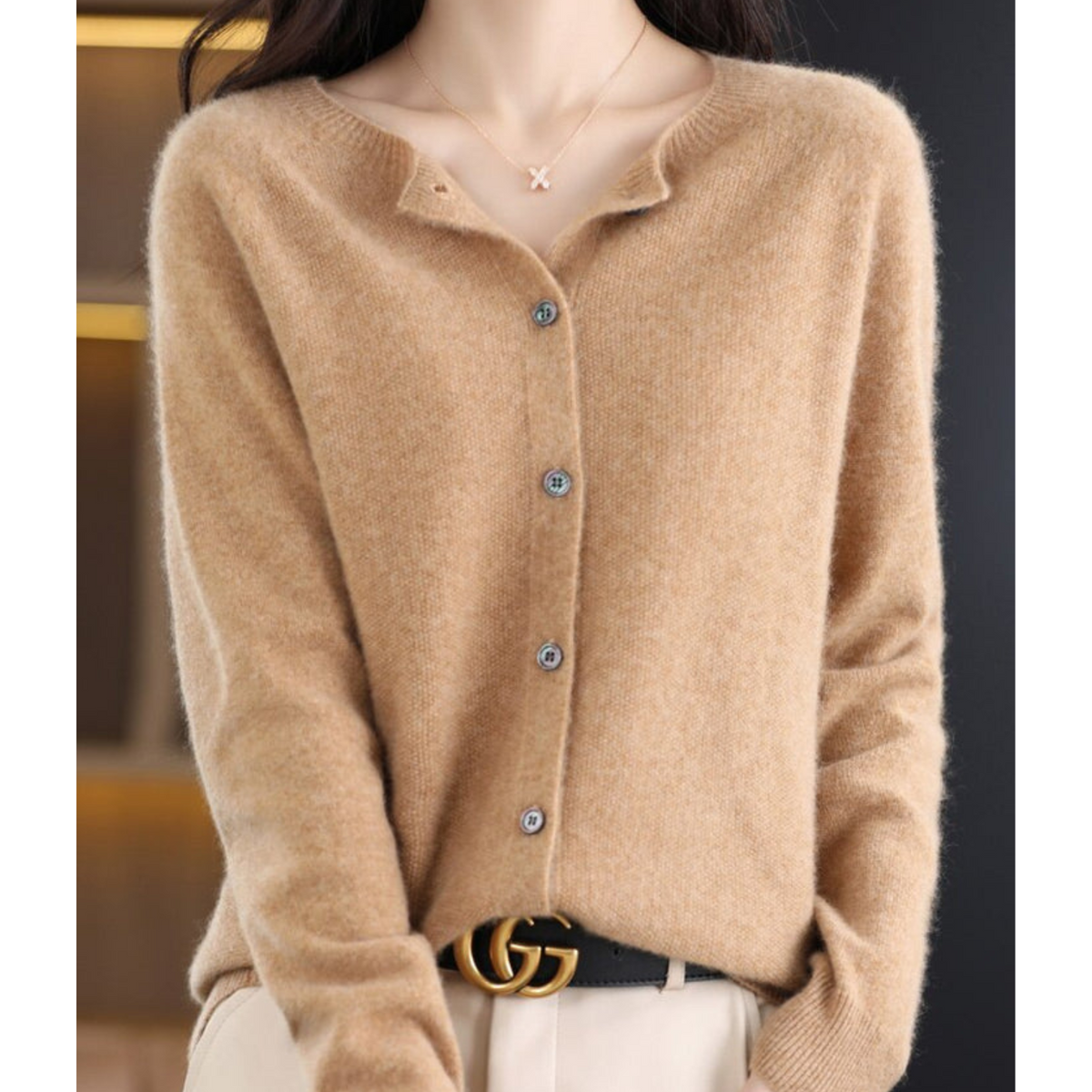 Penelope | Women's Fuzzy Merino Wool Cardigan Round Neck Button Front