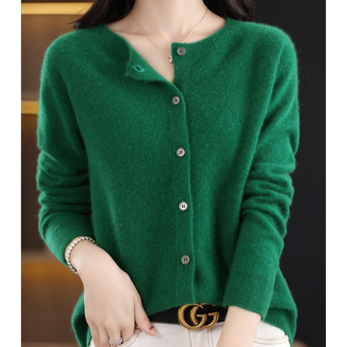 Penelope | Women's Fuzzy Merino Wool Cardigan Round Neck Button Front