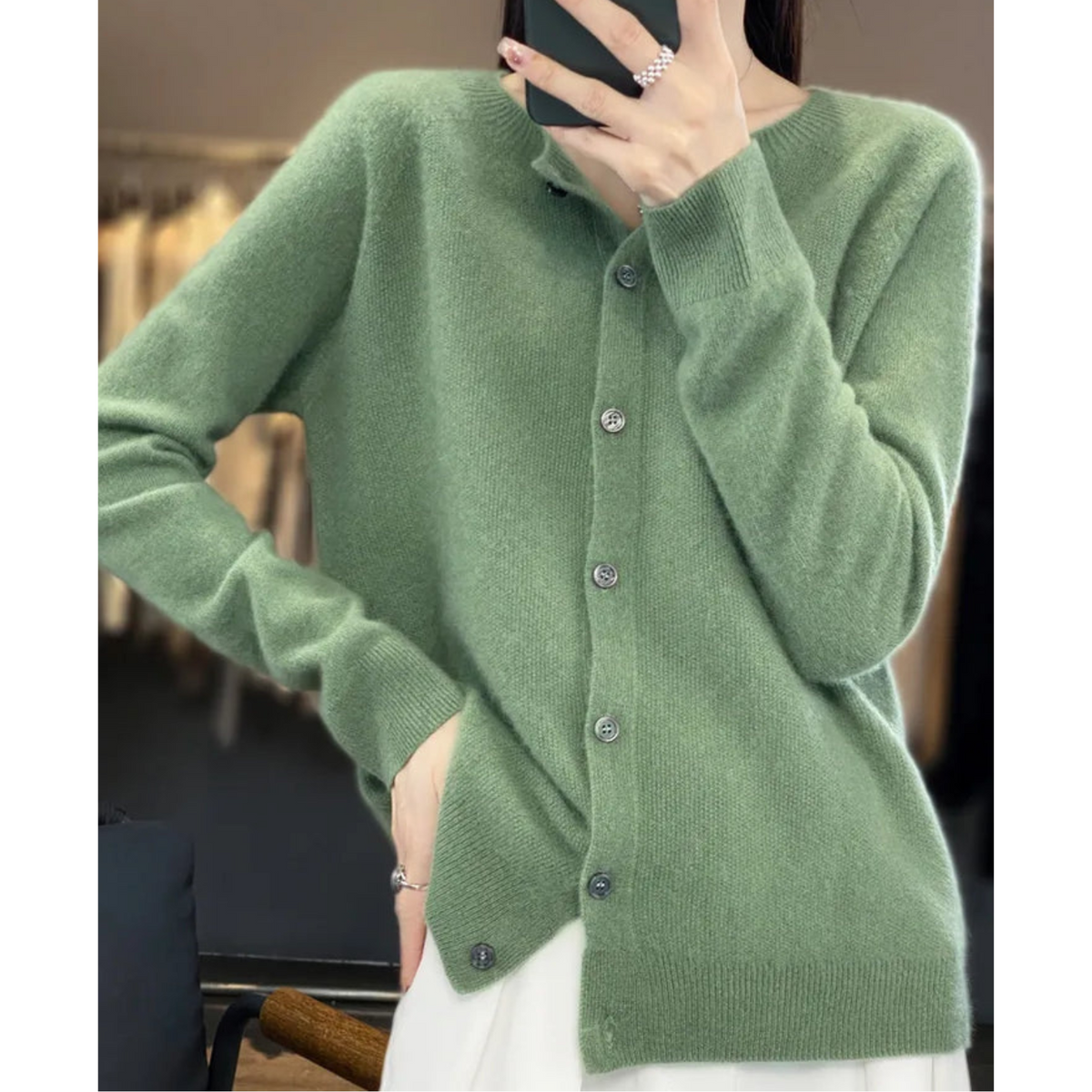 Penelope | Women's Fuzzy Merino Wool Cardigan Round Neck Button Front