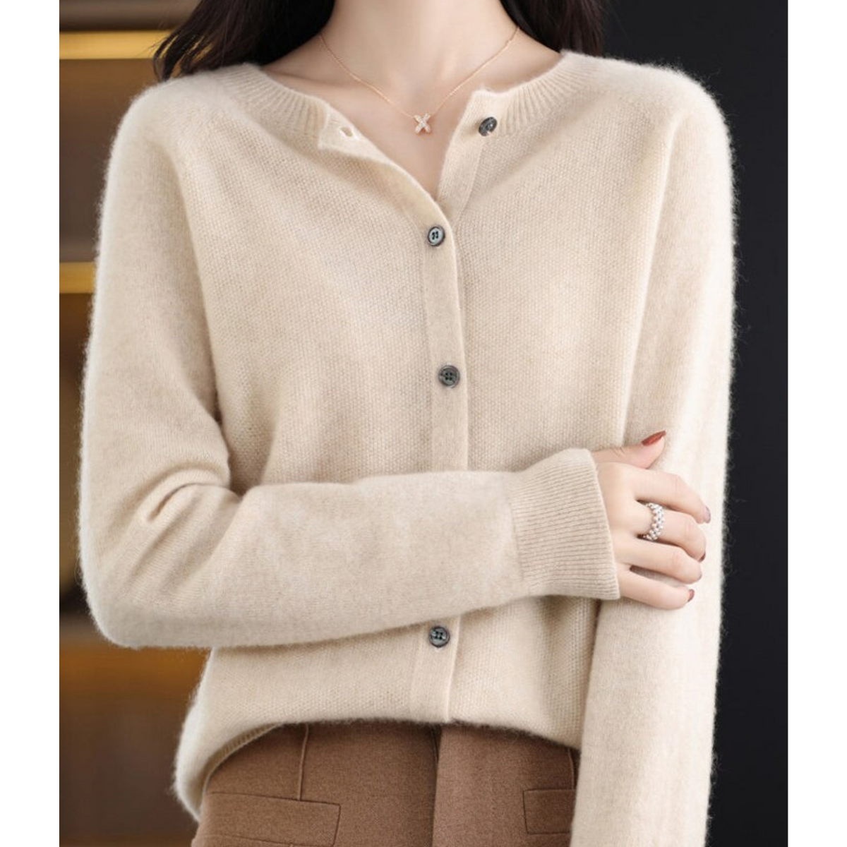 Penelope | Women's Fuzzy Merino Wool Cardigan Round Neck Button Front
