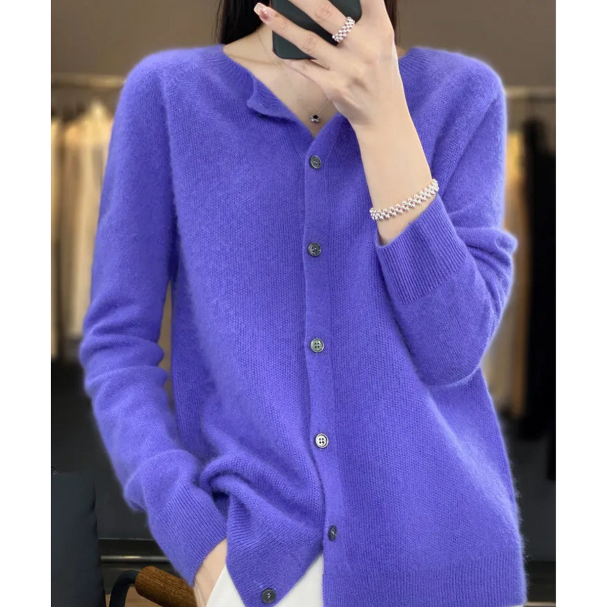 Penelope | Women's Fuzzy Merino Wool Cardigan Round Neck Button Front