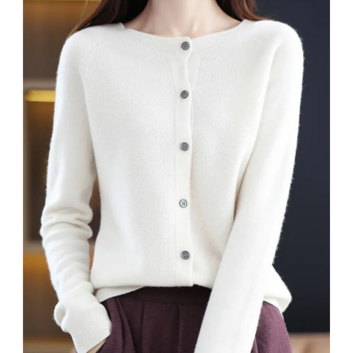 Penelope | Women's Fuzzy Merino Wool Cardigan Round Neck Button Front