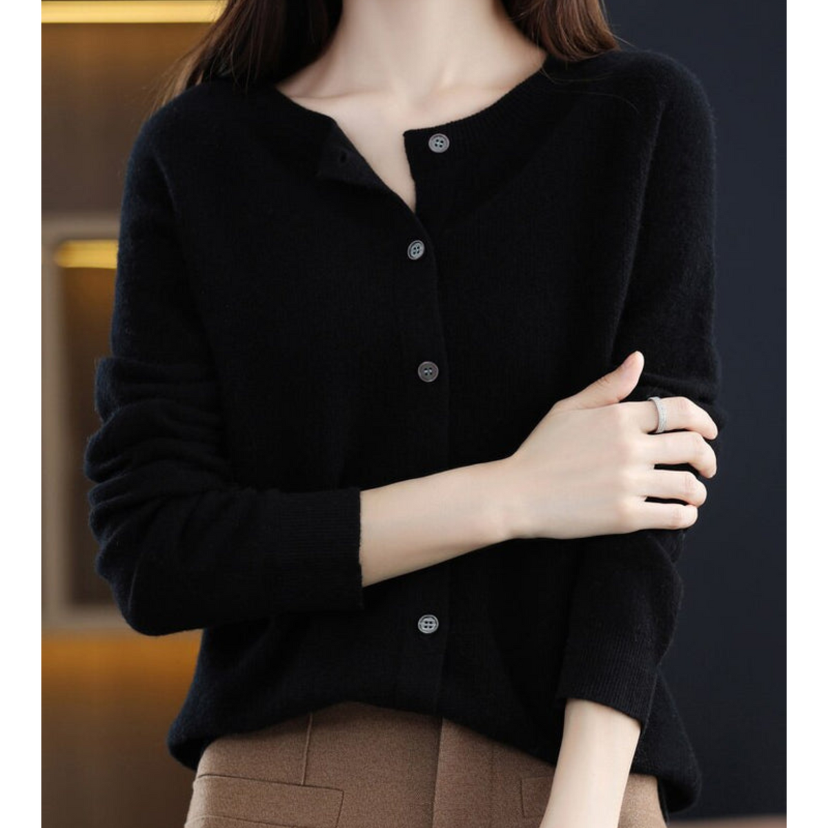 Penelope | Women's Fuzzy Merino Wool Cardigan Round Neck Button Front