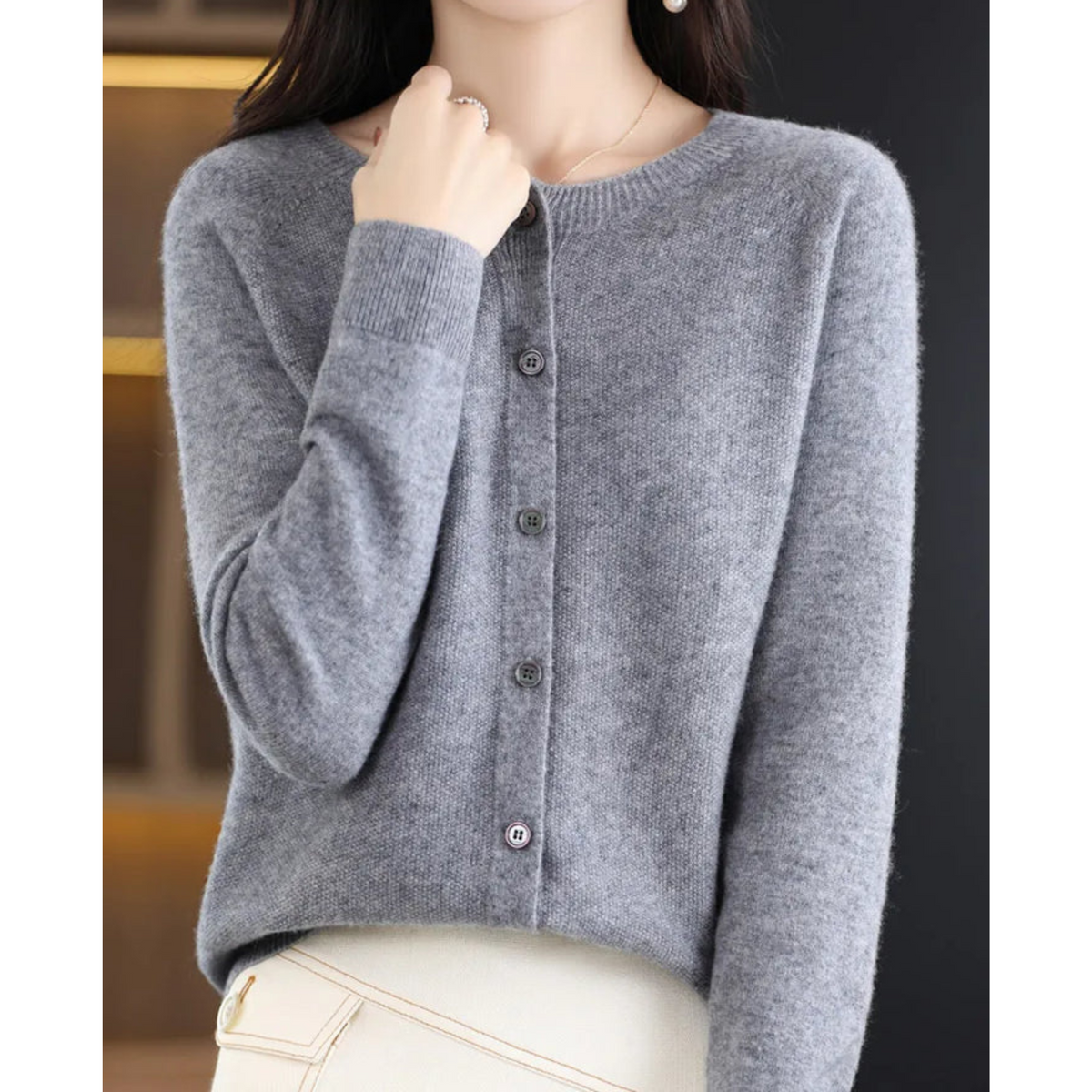 Penelope | Women's Fuzzy Merino Wool Cardigan Round Neck Button Front
