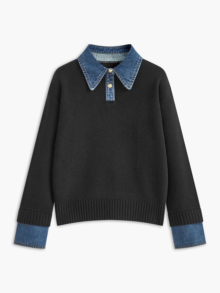Eloise | Women's Knit Sweater Denim Collar Long Sleeve