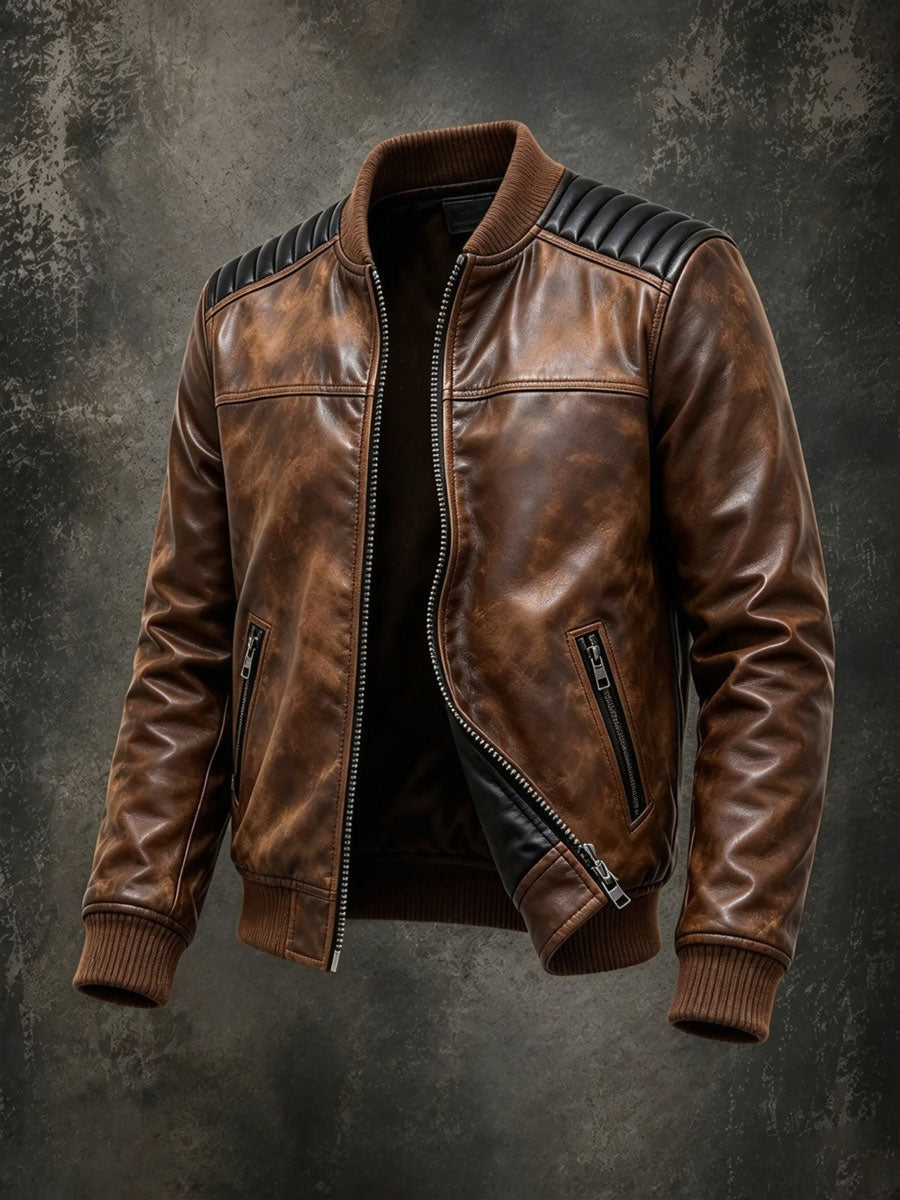 Theodore | Men's Leather Bomber Jacket with Quilted Shoulders