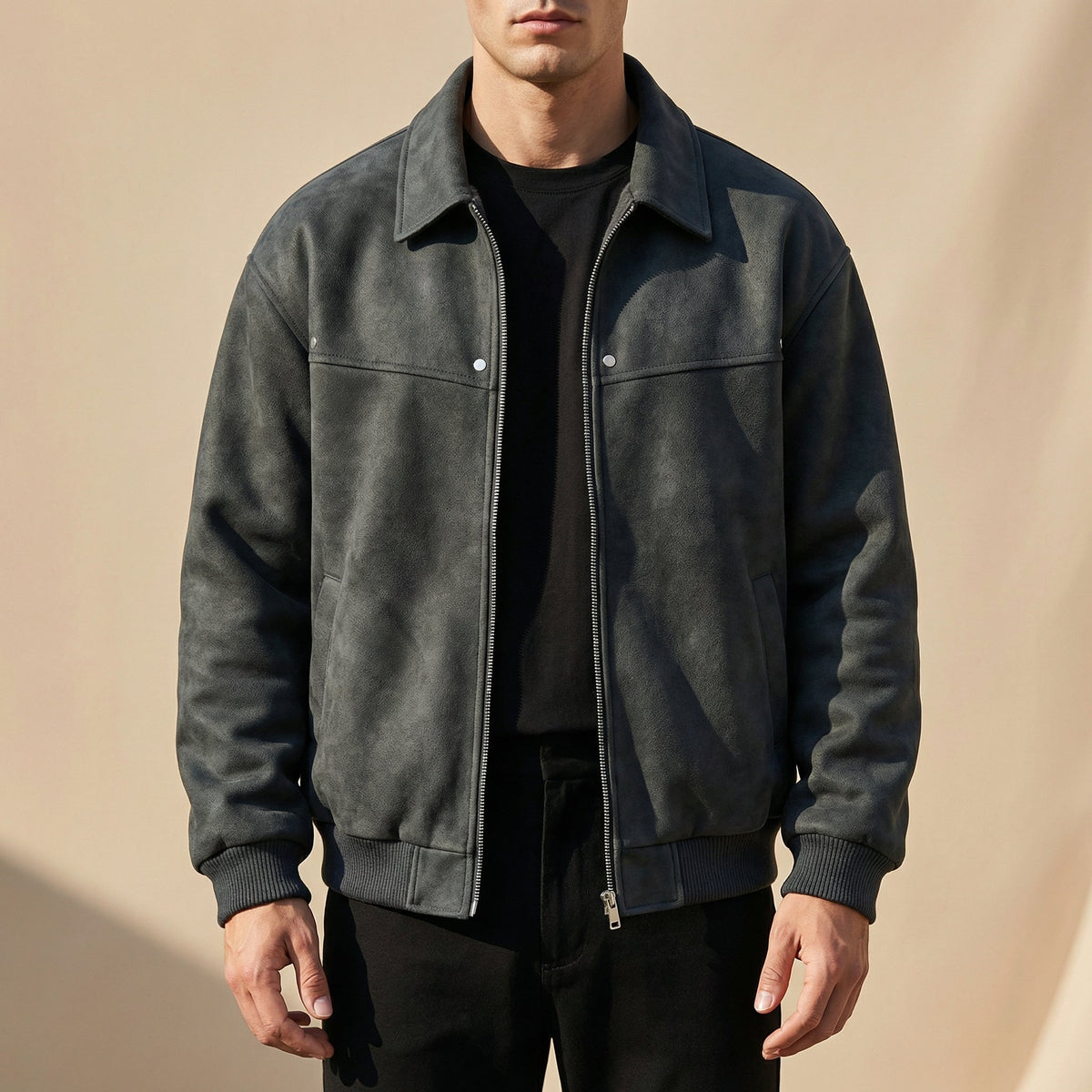 Robert | Men's Leather Bomber Jacket Lapel Collar