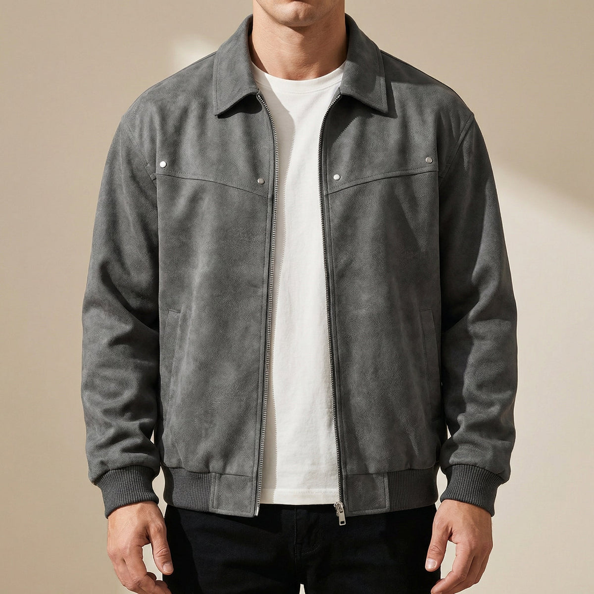 Robert | Men's Leather Bomber Jacket Lapel Collar