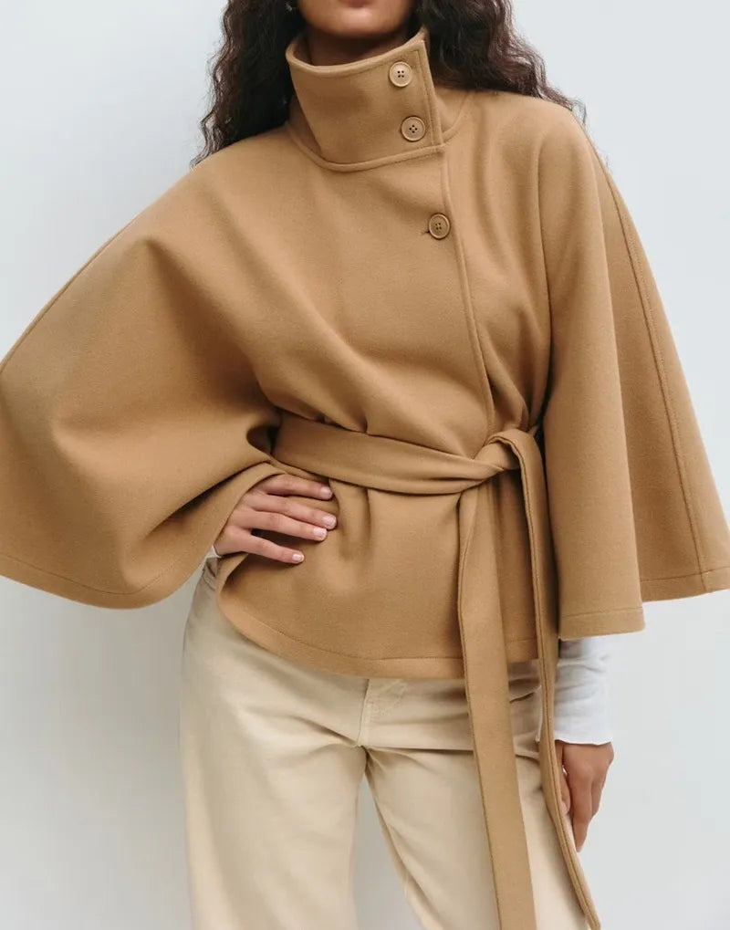 Aria | Women's Belted Wool Blend Cape Coat High Collar Poncho