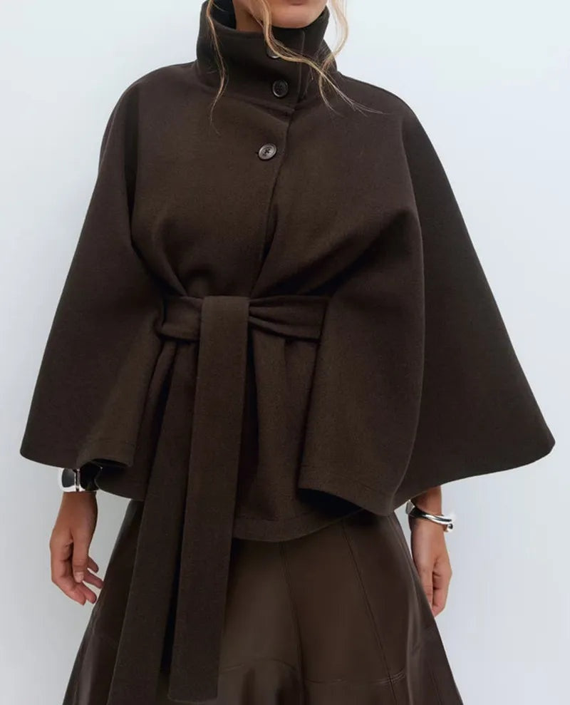Aria | Women's Belted Wool Blend Cape Coat High Collar Poncho