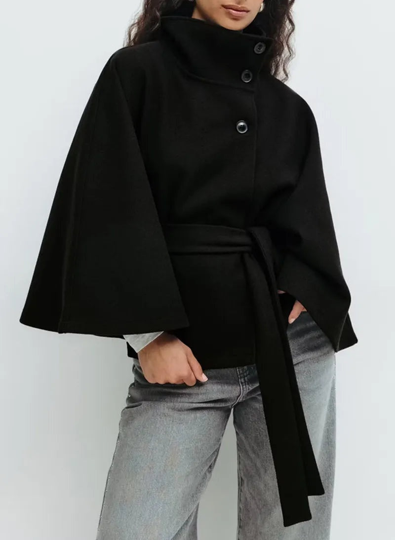 Aria | Women's Belted Wool Blend Cape Coat High Collar Poncho