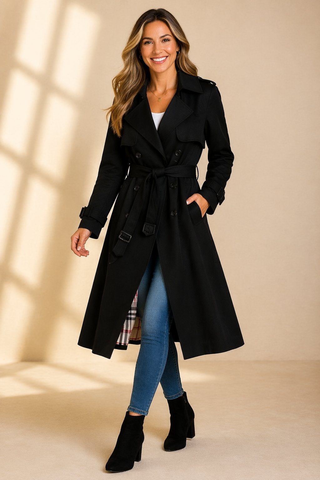 Riley | Women's Long Belted Trench Coat Double Breasted