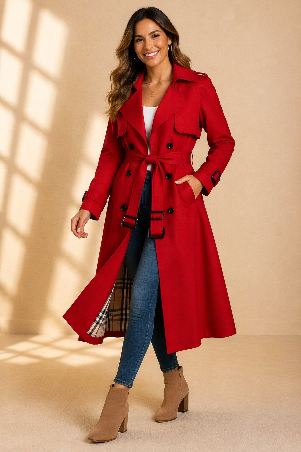 Riley | Women's Long Belted Trench Coat Double Breasted